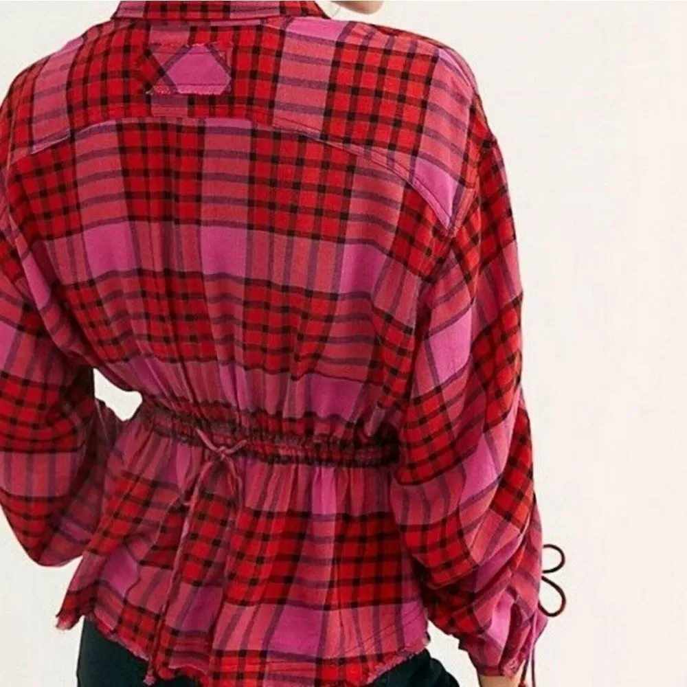 Free People We The Free Red Combo Pacific Dawn Button Down Plaid Shirt Sz‎ M NWT